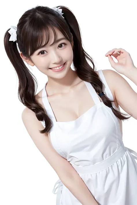 (Highest quality、Tabletop、8K、Best image quality、Award-winning works)、1. pretty girl、(wavy twin tails:1.1)、(Naked and white apron:1.2)、(The perfect pure white apron:1.3)、Perfect girl portrait photo、Glowing Skin、Brown Hair、(Large Breasts:1.3)、(Accentuate you...