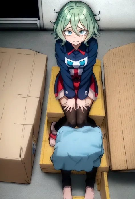 screenshot my hero academia, 3 year old girl, short wavy hair, light green hair, light blue eyes, crying, hurt, sitting in a box, background of a warehouse, anime style, my hero academia style