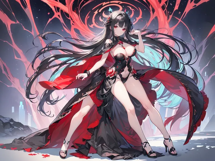 (Exquisite eyes),(Clear and beautiful eyes:1.61),masterpiece, 1 young girl,(Black clothes and some red gems), Black long hair, (She has a huge red gem on her chest), Good Hand,((The Havoc of StarCraft)),full-body shot,Fighting Stance,(Red Eyes:1.466)，short...