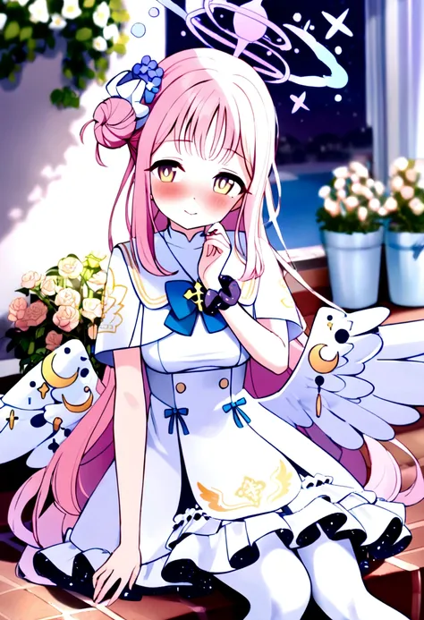 1girl, mika \(blue archive\), solo, scrunchie, wings, pink hair, wrist scrunchie on left hand, flower, dress, hair ornament, lon...