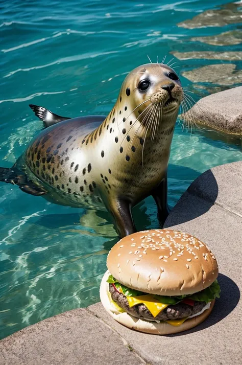 A seal eating a hamburger