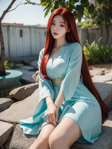  Korean with long red hair, vestido branco curto