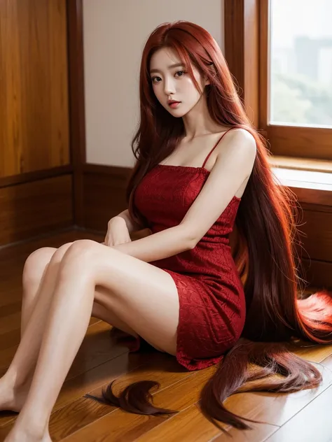  Korean with long red hair, vestido branco curto