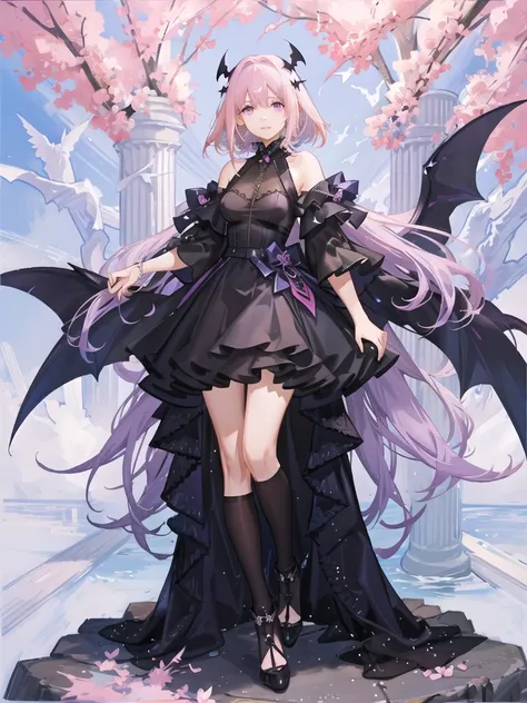 girl,full body,(detailed face:1.2), Masterpiece, fashion,black dress,, medium hair, light pink purple hair, purple pink eyes,There are wings hanging on the head..,white background,Vtuber,Full HD,The bat&#39;s wings on the left side of its head are white..,...