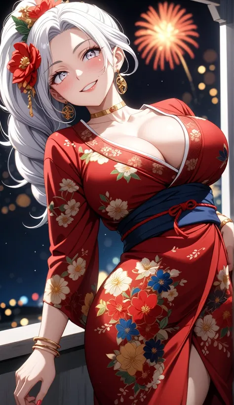 ((One personの女性)), Beautiful Face,Laughing embarrassedly,((Wink:1.9)),Laugh with your mouth wide open, ((Bright red cheeks:1.4)),Glossy red lips,night,rooftop,Festive decorations,You can see the ocean, firework,Lighting on the face,((Anime style background...