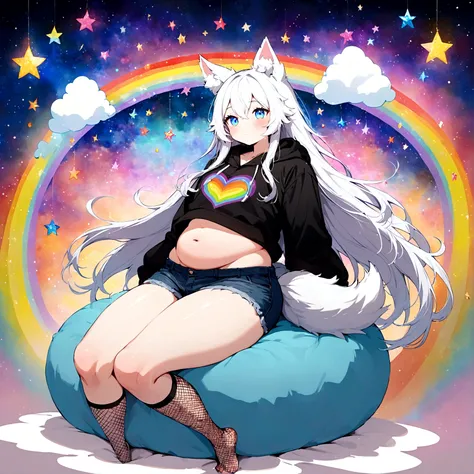 a cute adult male with wolf ears, long white hair, long locks, has a wolf tail, wearing a loose cropped black hoodie, wearing a pair of denim short shorts and fishnet stockings, thick thighs, wide hips, relaxing on mound of fluffy multi colored kawaii plus...