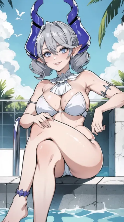 High level image quality　best image quality　8K　 adult woman  pool party  sunset　palm trees   whole body view　portrait　 bikini   　horn    ears  　short hair（（shortcut）（gray hair）（perm）（fluffy））　eye color is blue  , 　attractive evil face , smile   ,  sexy pos...