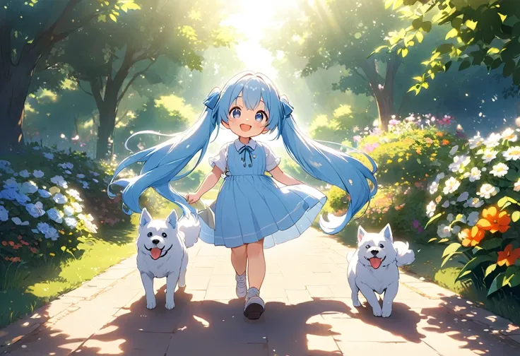 A garden bathed in sunlight　Light blue long hair　Twin-tailed Girl　With two dogs　A really enjoyable walk　Adorable smile　