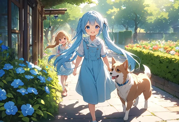 A garden bathed in sunlight　Light blue long hair　Twin-tailed Girl　With two dogs　A really enjoyable walk　Adorable smile　