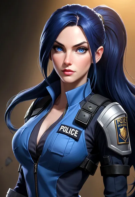 Caitlyn from League of Legends, a tall, slender, pale-skinned woman with piercing blue eyes and long straight dark blue hair in a high ponytail with a loose strand on the right side of her face., wears a special forces police suit 