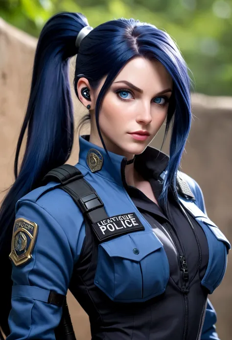 Caitlyn from League of Legends, a tall, slender, pale-skinned woman with piercing blue eyes and long straight dark blue hair in a high ponytail with a loose strand on the right side of her face., wears a special forces police suit 