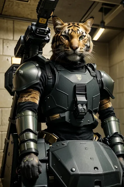 a close up of a cat with a gun in its hand, armored cat, ready for combat, future combat gear, dressed in tactical armor, camouflaged gear, cat warrior, caracal cyborg, military gear, heavily armoured, rugged soldier, wearing golden cat armor, tactical arm...