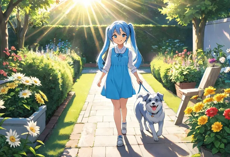 A garden bathed in sunlight　Light blue long hair　Twin-tailed Girl　With two dogs　A really enjoyable walk　Adorable smile　