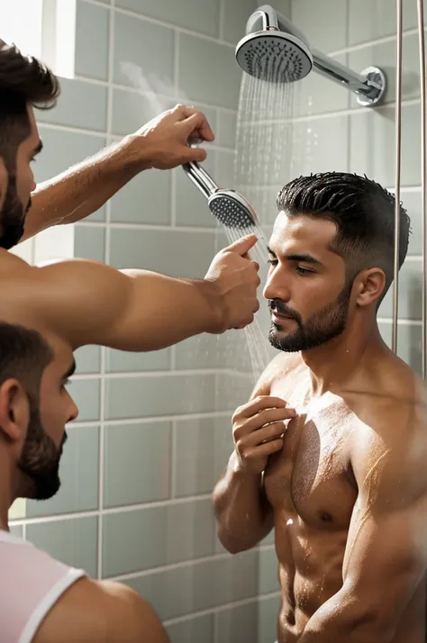 Image of A man taking a hot shower, for children 