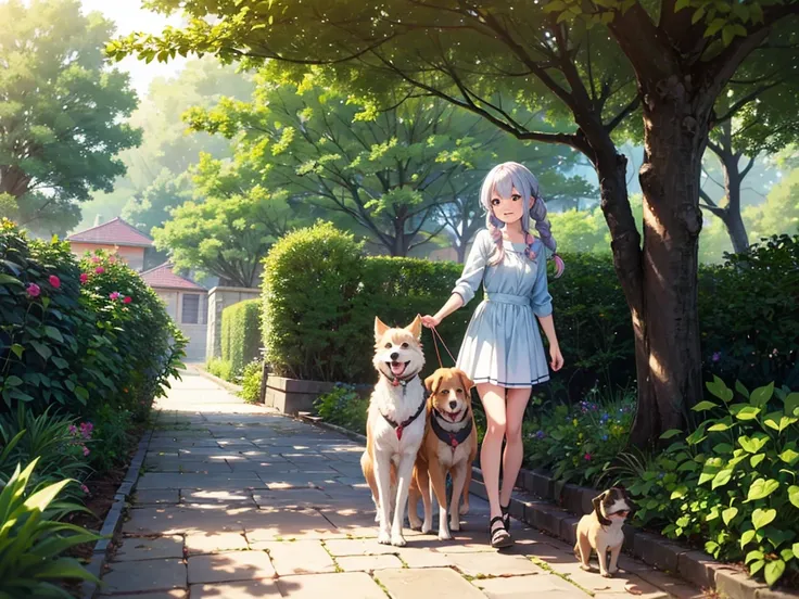 A garden bathed in sunlight　Light blue long hair　Twin-tailed Girl　With two dogs　A really enjoyable walk　Adorable smile　