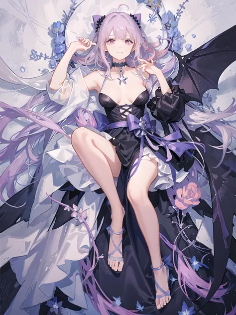 girl,full body,(detailed face:1.2), Masterpiece, fashion,black dress,, medium hair, light pink purple hair, purple pink eyes,There are wings hanging on the head...,white background,Vtuber,Full HD,bat,The left wing of the head is white..,Long hair braided b...