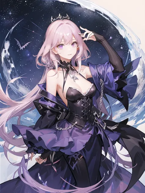 girl,full body,(detailed face:1.2), Masterpiece, fashion,black dress,, medium hair, light pink purple hair, purple pink eyes,There are wings hanging on the head...,white background,Vtuber,Full HD,bat,The left wing of the head is white..,Long hair braided b...