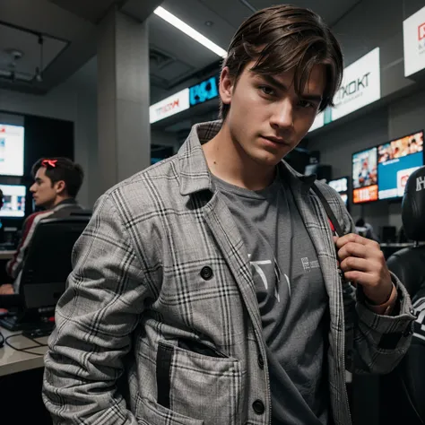 young male gamer in a gray checkered jacket carrying Thor&#39;s ax, wearing glasses and wavy black hair with a taper cut, black eyed.