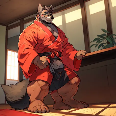 Wolf, By Meesh, Big Pecs, Fluffy Tail, 1boy, all fours, ass, bara, black hair, clothes pull, glasses, hakama, hakama skirt, indoors, japanese clothes, half kimono, looking at viewer, male focus, mature male, muscular, muscular male, open clothes, short hai...