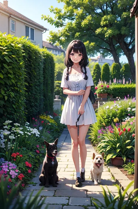 A garden bathed in sunlight　Light blue long hair　Twin-tailed Girl　With two dogs　A really enjoyable walk　Adorable smile　