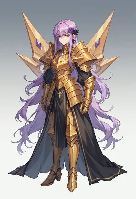 beautyfull woman, phoeny armor from Saint Seiya, sidecut lilac hair, long hair, golden armor, full body, gothic