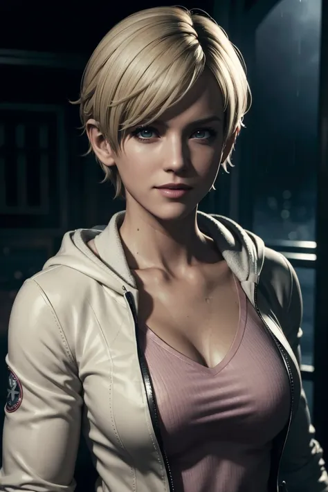 resident evil 6,shelley,short hair,blonde hair,white hoodie,cold protection,neck warmer,photorealistic,ultra hd,high quality,mas...