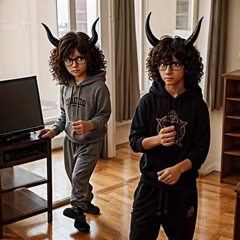 Human, Fluffy hair, no fur, black curly hair, messy hair, glasses, horns, sweatpants and hoodie, in room, brown hair, demon horns