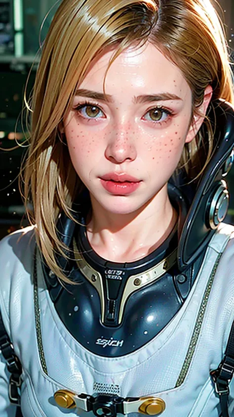 1girl, solo, freckles, goggles, realistic, looking_at_viewer, parted_lips, lips, portrait, close-up, spacesuit, science_fiction,...