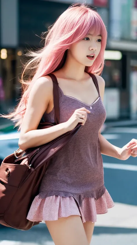 (panty shot :1.3),Tokyo, Kabukicho, Long hair blowing in the wind, Pink Hair, High resolution, dress