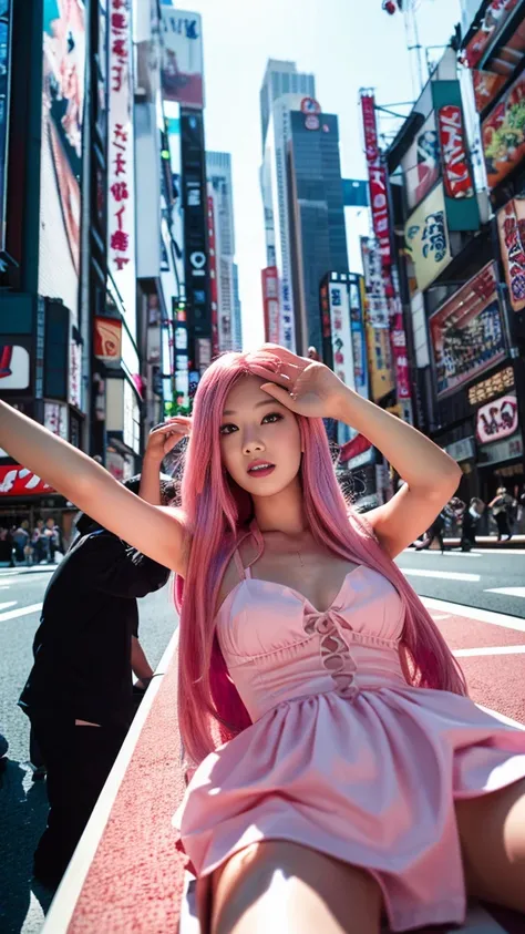 (spread legs, legs up :1.3),Tokyo, Kabukicho, Long hair blowing in the wind, Pink Hair, High resolution, dress