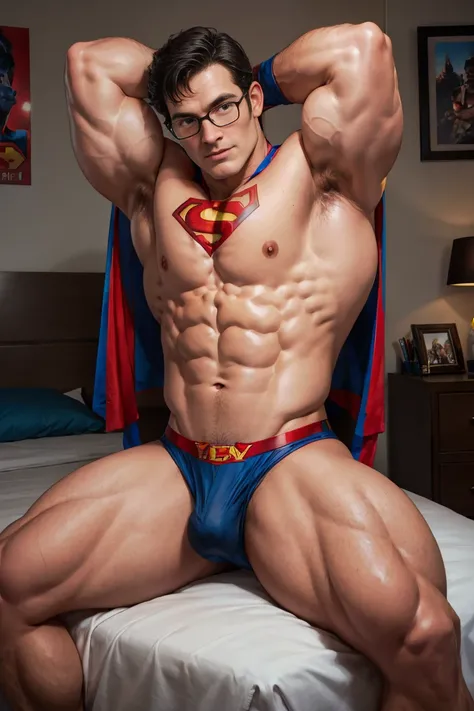 Superman (clark kent), muscular, huge pecs, muscular thighs, black jockstrap, black harness, nicebulge, sexy pose in bed, adult suite.