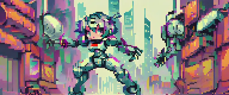 wallpaper, pixel art, futuristic character in a city controlled by robots, retro game, retro style characters, (work of art, bes...