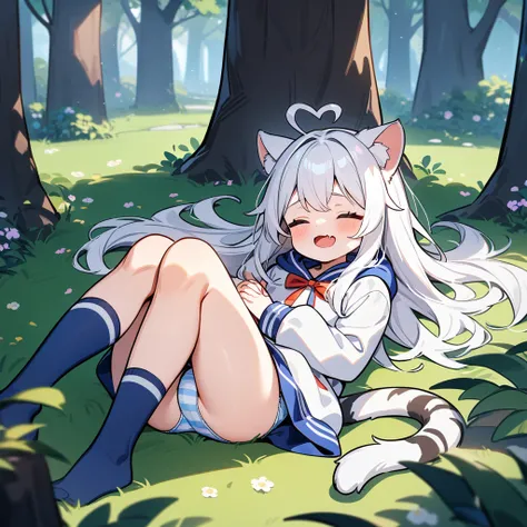 （masterpiece：1.2，high quality），8K，High resolution，A seven-year-old girl，cute girl，white hair，long hair，Sleeping，heart ahoge，cat ears，laughing，skin fang，saliva，Wear a white hoodie，no shorts，Blue and white striped panties，Bows on panties，Lying in the forest，...