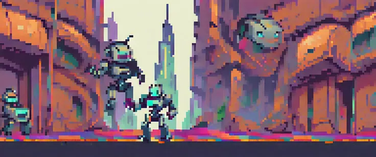 wallpaper, pixel art, futuristic character in a city controlled by robots, retro game, retro style characters, (work of art, bes...