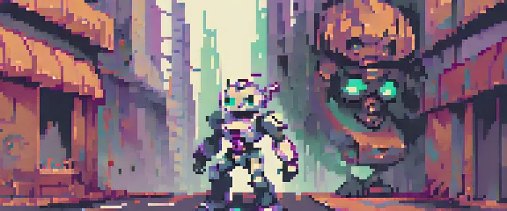 wallpaper, pixel art, futuristic character in a city controlled by robots, retro game, retro style characters, (work of art, bes...