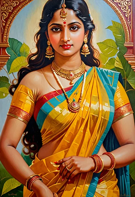 beautiful painting of lkjhgf in a sari with a necklace and earrings, beautiful thick figure, thick curvy beauty, looks like lkjh...