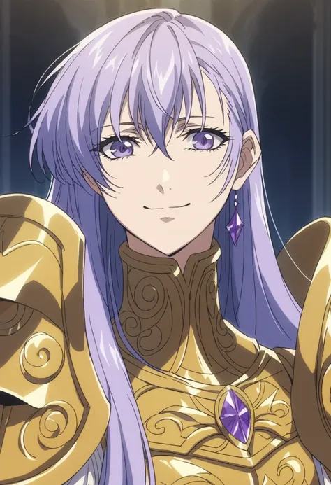 beautyfull woman, phoenyx armor from saint seiya, sidecut hair, long sidecut lilac hair, golden armor, gothic, purple eyes, smil...