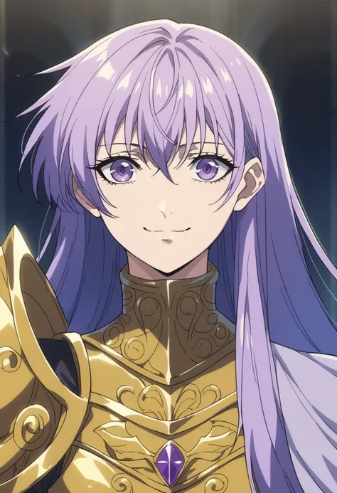 beautyfull woman, phoenyx armor from Saint Seiya, sidecut hair, sidecut lilac hair, golden armor, gothic, purple eyes, smile