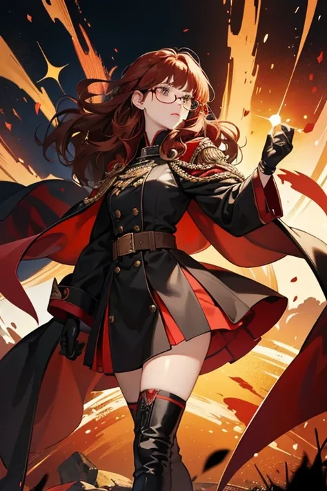 SHE is depicted as a GIRL in a black and red cloak with a military medal attached on hER left. Underneath hER cloak is a dark shirt with gold buttons and accents of red. SHe has dark brown boots and black gloves. SHe has fluffy brown-red hair with an highl...