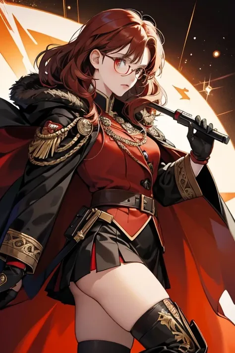 SHE is depicted as a GIRL in a black and red cloak with a military medal attached on hER left. Underneath hER cloak is a dark shirt with gold buttons and accents of red. SHe has dark brown boots and black gloves. SHe has fluffy brown-red hair with an highl...