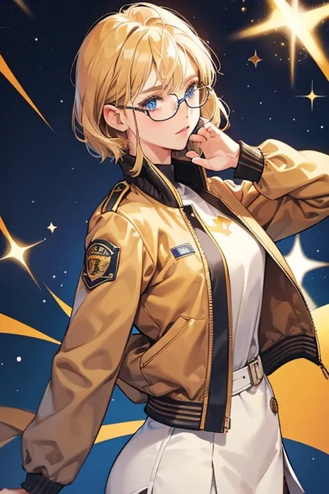 SHe has short, golden blond hair with a cowlick, representing Nantucket, sticking up and blue eyes. SHe wears a tan uniform and a brown bomber jacket with a "50" on the back for the fifty states. HER glasses are said to represent the state of Texas. SPARKL...