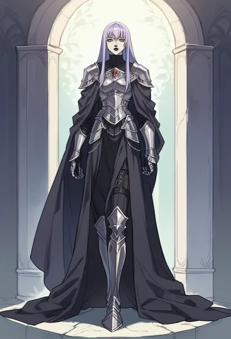 beautyfull woman, phoenyx armor from saint seiya, silver armor, sidecut lilac hair, black lipstick, gothic, full body