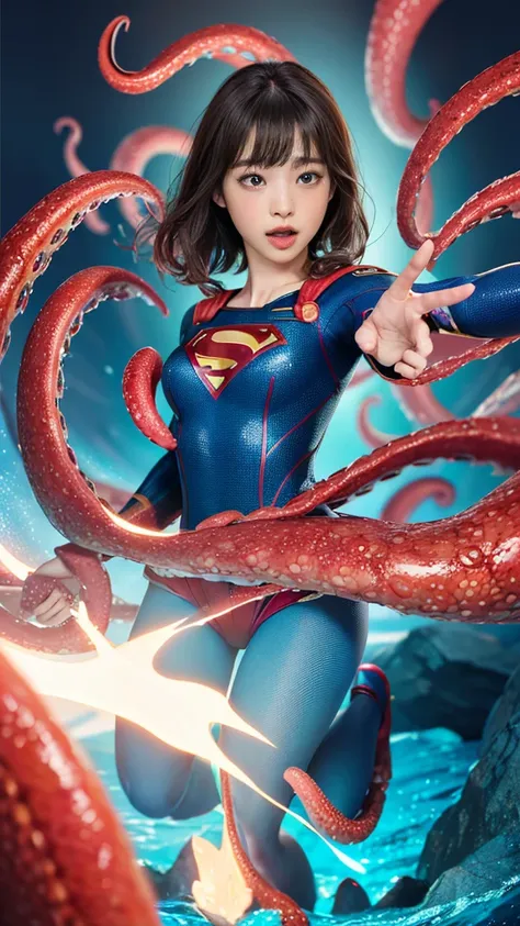 realistic, surreal, cinema lighting, 32k, 1 supergirl,accurate supergirl costume、 (there are many tentacles around)、(((cheeky te...