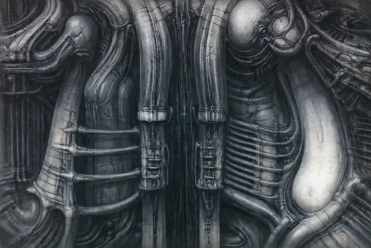 g1g3r t4bl3 the image is a detailed view of h.r. giger's tableau \" biomechanical landscape no 312 \" plate.
 the image is a  ph...