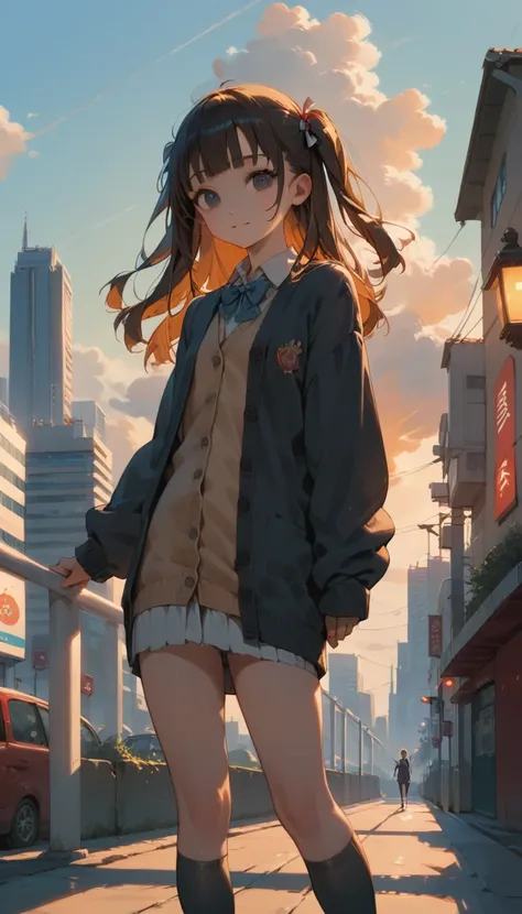 One Girl, (Sunset sky), Standing and waving, School Area, Cityscape, scenery, School Cardigan, (Sleeves are longer than the wrist), Powerful loafers, Black ash two side up hair, Blunt bangs, Beautiful dark eyes, Black knee socks, Cinema Lighting, Upper Bod...