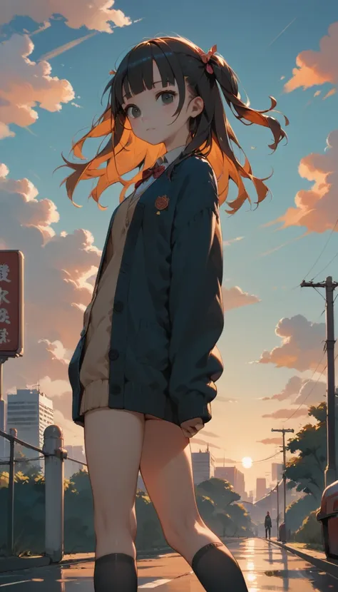 one girl, (sunset sky), standing and waving, school area, cityscape, scenery, school cardigan, (sleeves are longer than the wris...