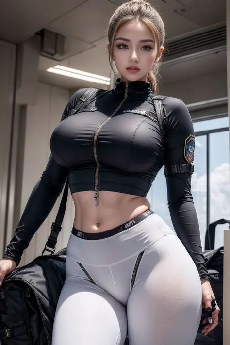 (highest image quality, prominent details, ultra-high resolution), 1 girl, set (futuristic military attire inspired by white yoga pants, military wiring harness, military equipment such as military bags, ), (charming figure, curvy figure, healthy figure, t...