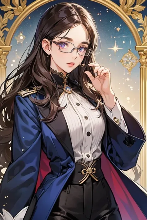 SHE has violet eyes and somewhat wavy brown hair, with a wild strand that represents Mariazell. SHe wears glasses, a long navy blue coat with a white jabot, and black pants . SHe also has a mole on the lower left of hER face. SPARKLE; GLITTER