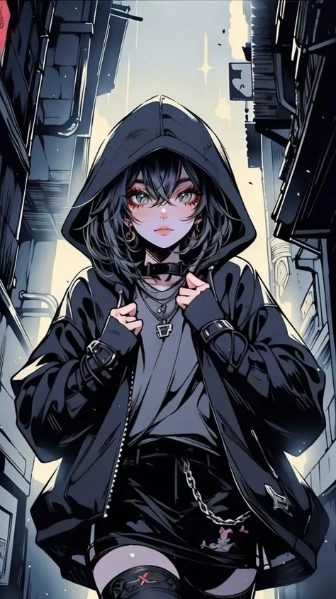 Tattos, A cloaked girl teenager with glowing eyes, cautiously navigating a dark, mist-shrouded alleyway. Half-length shot, low angle, sense of mystery, abasterpiece)), ((best quality)), ultra detailed,((illustration)), dynamic angle, detailed light, (delic...