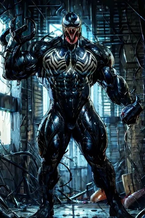 venom, exaggeratedly muscular(huge:2.0), dilated veins, huge pectorals (huge muscle: 2.0), huge biceps, muscular thighs, thin wa...